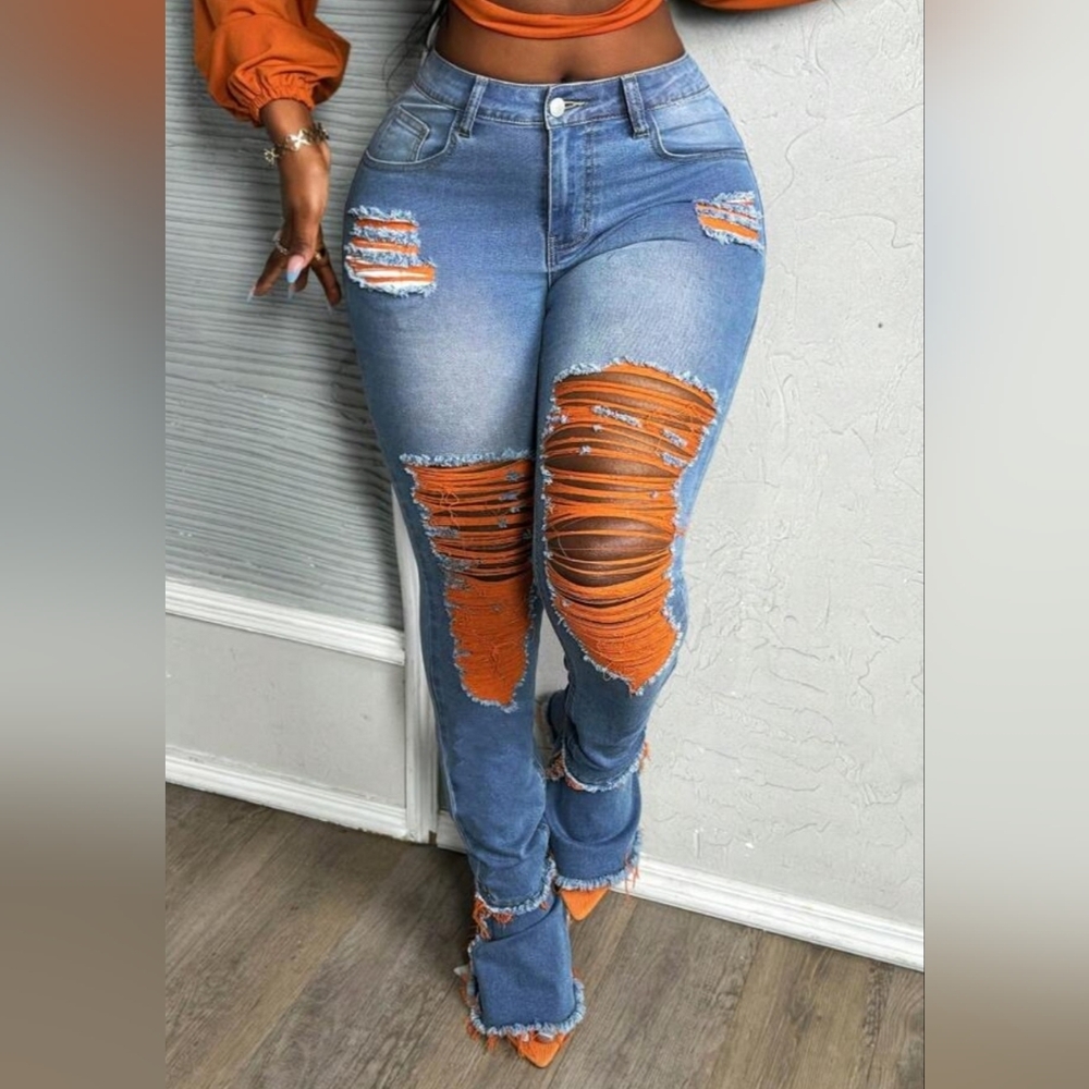 Slaydiva Distressed Upcycled Holey Jeans - Stretch - Bell Bottoms - Size L